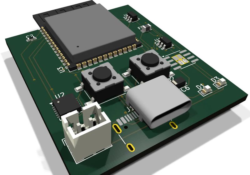 A 3D view of the two-layer ESP32-S3 board from KiCad