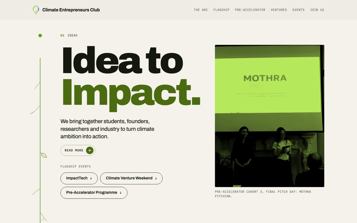 Climate Entrepreneurs Club on a desktop browser, as it is live